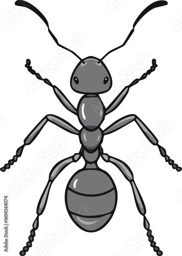 Detailed illustration of a grey ant, viewed from above, showcasing its segmented body and six legs.