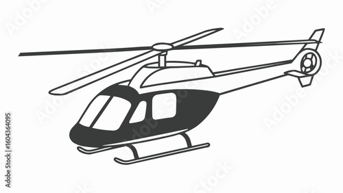 Illustration of a helicopter with rotors and tail rotor in black and white outline style design
