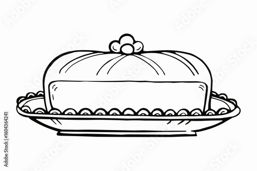 Illustration of a covered butter dish with a decorative top and beaded edge design on the plate