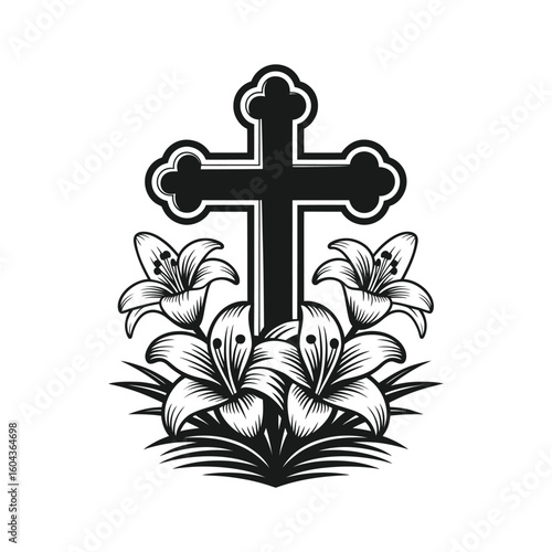 Black cross with lilies flowers religious