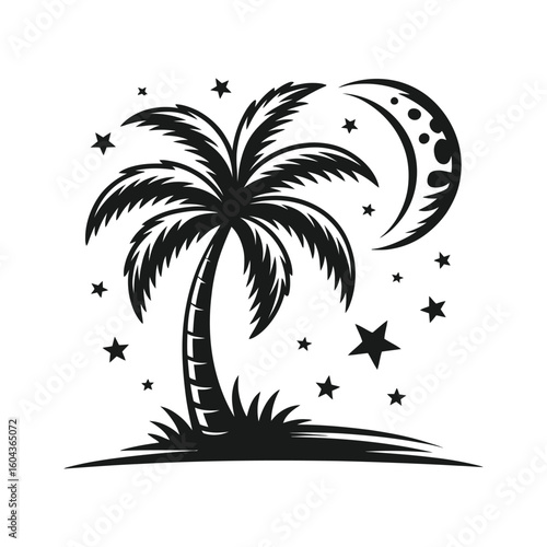 Black palm tree crescent moon and stars night tropical