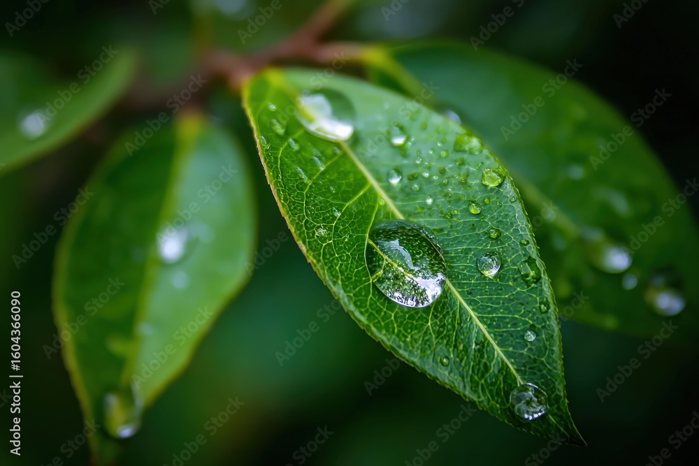 Fototapeta premium dew drops delicately clinging to the vibrant green leaves. Each drop reflects light, highlighting the natural beauty of the plant