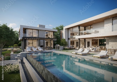 Wallpaper Mural Modern Luxury Residence with Pool and Landscaping - Elegant contemporary home showcasing stunning architecture, a luxurious pool, and meticulous landscaping. Torontodigital.ca