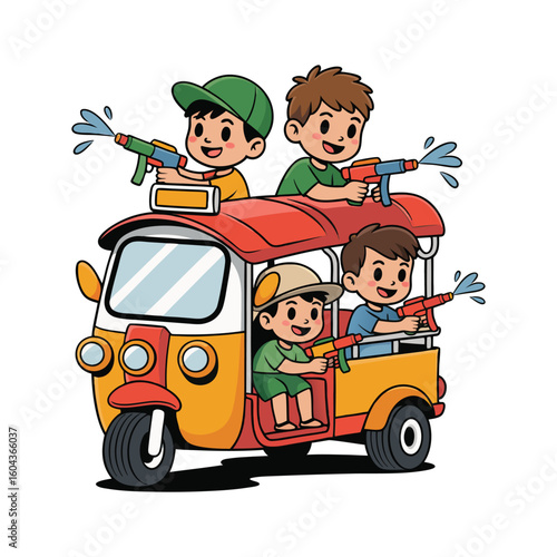 Boys riding tuk playing with water guns children