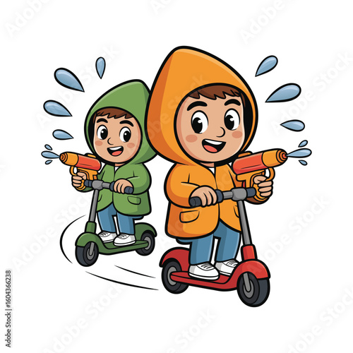Boys with water guns riding scooters children