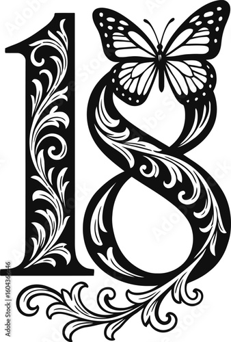 Ornate Number 18 with Butterfly, Perfect for Birthday Celebrations