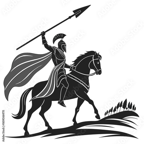 Vector silhouette of a Spartan warrior riding a horse holding a raised spear with a flowing cape powerful and heroic stance solid black figure against a minimal background