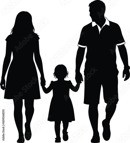 A silhouette vector illustration of a happy family, with father, mother, and daughter walking together, holding hands with love.