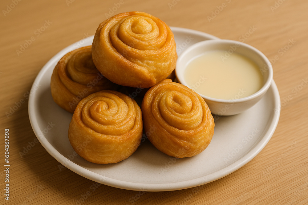 Fototapeta premium Fried Chinese Flower Buns Served with Condensed Milk on White Plate