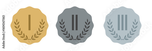 Olympic medal awards with laurel wreath. Gold, silver winning badges for success in sport competition. Vector illustration