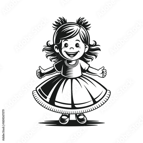 Cheerful girl with puffy hair and dress giving thumbs up child happy