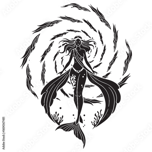 Oceanic Thetis digital black silhouette, showcasing her distinctive and fluid form – Thetis silhouette – Thetis Vector – Silhouette of Thetis – Greek goddess vector

