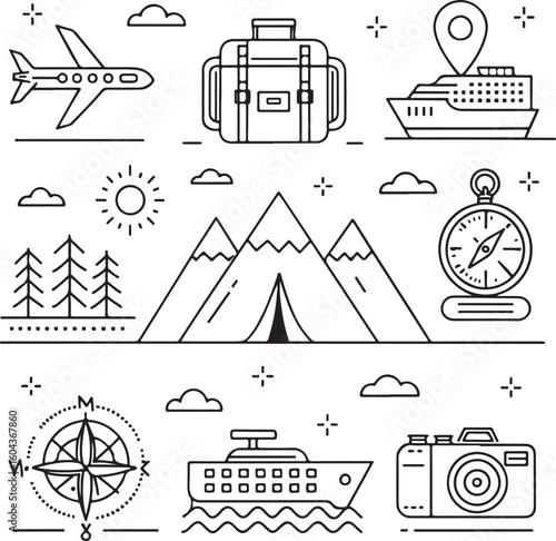 Travel and Tourism Line Icon Set – Airplane, Passport, Camera, Map, Suitcase, Cruise, Mountain, Compass – Vector Illustration