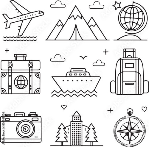 Travel and Tourism Line Icon Set – Airplane, Passport, Camera, Map, Suitcase, Cruise, Mountain, Compass – Vector Illustration