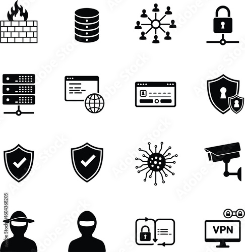 Comprehensive Cybersecurity and Network Security Icon Set Vector: Firewalls, VPN, Virus, Data, Server, Hacker, and Protection Symbols – Black and White Monochrome Graphic Collection for Digital Safety