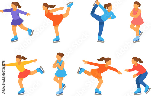 Colorful isometric ice skating poses with girls in various dynamic positions