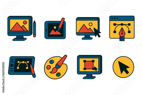 Digital art tools and devices icons for creative design projects