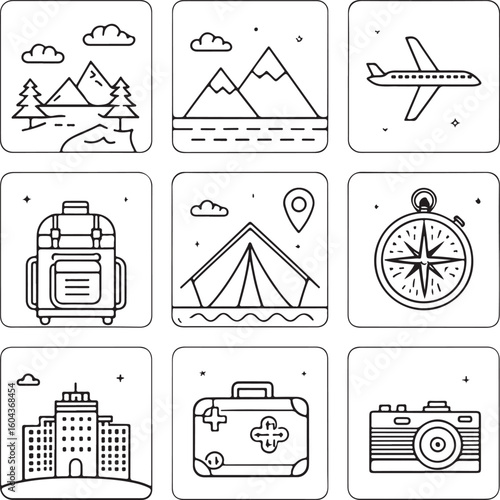 Travel and Tourism Line Icon Set – Airplane, Passport, Camera, Map, Suitcase, Cruise, Mountain, Compass – Vector Illustration