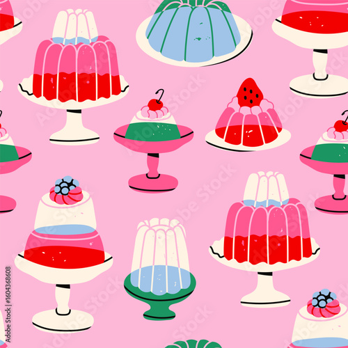 Jelly cake set. Various colorful desserts with fruit on plates. Jellies, candy, juicy food, pudding concept. Colorful trendy style. Hand drawn modern Vector illustration. Square seamless Pattern
