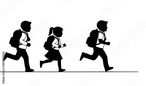 Silhouetted children with backpacks running on a white background vector