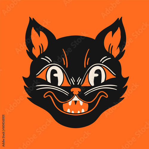 Halloween Cat portrait. Cute face, open mouth. Retro, vintage, traditional tattoo style. Hand drawn trendy Vector illustration. Isolated design element. Print, sticker, logo, icon, avatar template