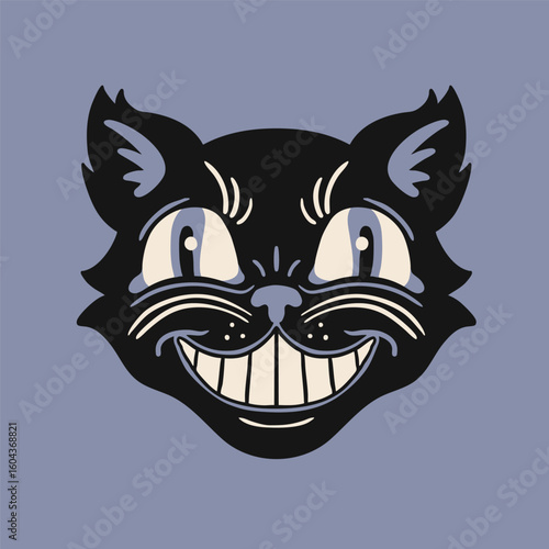 Halloween Cat portrait. Cute face, open mouth. Retro, vintage, traditional tattoo style. Hand drawn trendy Vector illustration. Isolated design element. Print, sticker, logo, icon, avatar template