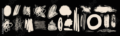 Ink, pencil pen, paint, crayon brush strokes. Grunge texture set. Different shapes, curly chaotic spiral strokes. Abstract doodle style. Hand drawn modern Vector illustration. Isolated design elements