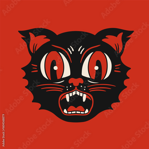 Halloween Cat portrait. Cute face, open mouth. Retro, vintage, traditional tattoo style. Hand drawn trendy Vector illustration. Isolated design element. Print, sticker, logo, icon, avatar template