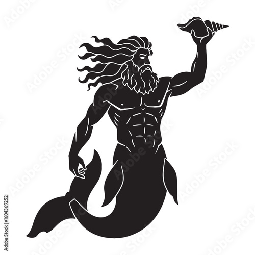 Defined Triton digital black image, characterized by sharp, distinct lines – Triton silhouette – Triton Vector – Silhouette of Triton – Greek god vector

