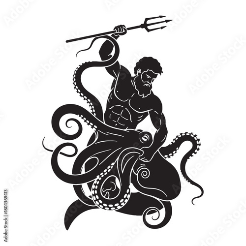 Iconic Triton digital black representation, clearly identifying this cherished god – Triton silhouette – Triton Vector – Silhouette of Triton – Greek god vector


