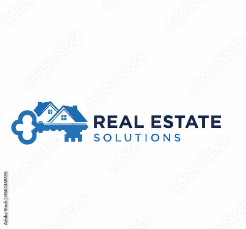 Real estate solutions logo featuring a key and house icon in blue color