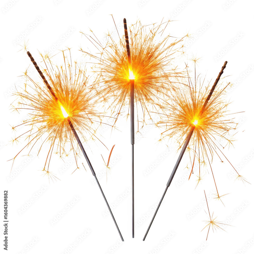 Fototapeta premium Three bright sparklers exploding with golden sparks isolated on transparent background