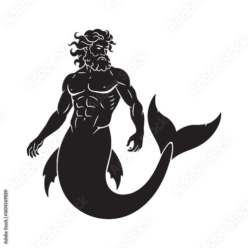 Recognizable Triton digital black vector, representing the son of Poseidon's unforgettable appearance – Triton silhouette – Triton Vector – Silhouette of Triton – Greek god vector

