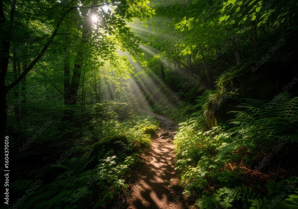 Obraz premium Sunlit Forest Path - A sunlit path winds through a lush green forest, dappled sunlight creates a magical atmosphere