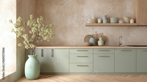 scandi rustic kitchen full view, dusty green closed cabinets, clay wall, mint green ceramic vase, oak floor, soft warm light, cozy minimal style