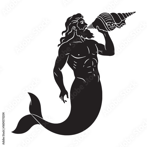 Merman Triton digital black silhouette, showcasing his distinctive and aquatic form – Triton silhouette – Triton Vector – Silhouette of Triton – Greek god vector

