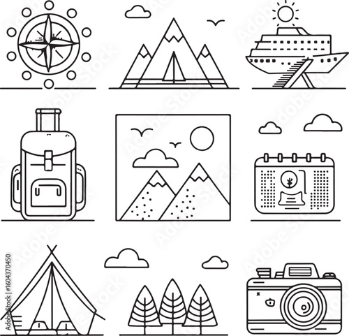 Travel and Tourism Line Icon Set – Airplane, Passport, Camera, Map, Suitcase, Cruise, Mountain, Compass – Vector Illustration