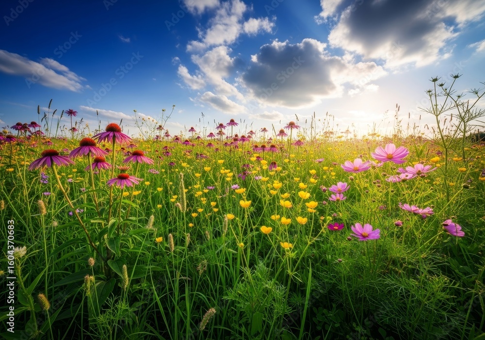 Obraz premium Vibrant Wildflower Meadow at Sunset - A breathtaking view of a diverse wildflower meadow bathed in the warm glow of the setting sun, showcasing a variety of colorful blooms and lush green grass