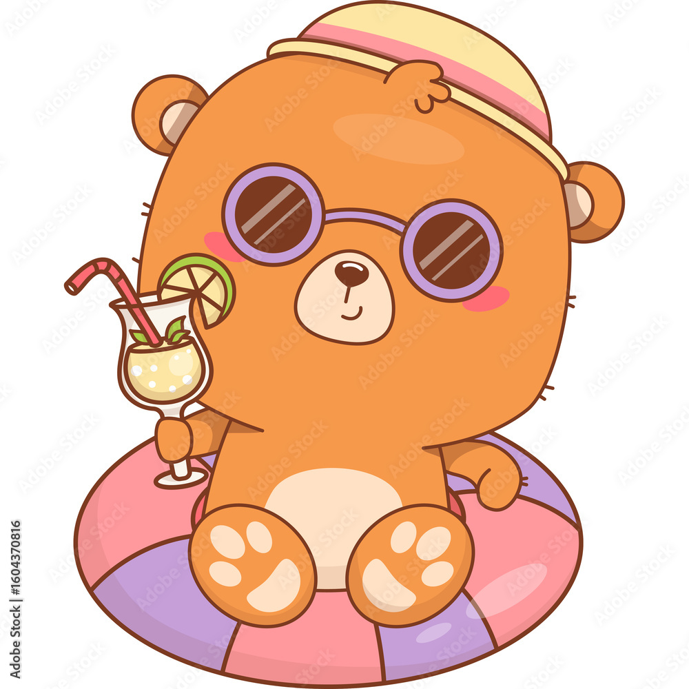 Fototapeta premium Cute Bear in Hat and Sunglasses on Inflatable Pool Ring