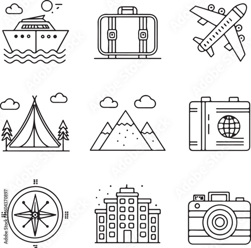Travel and Tourism Line Icon Set – Airplane, Passport, Camera, Map, Suitcase, Cruise, Mountain, Compass – Vector Illustration