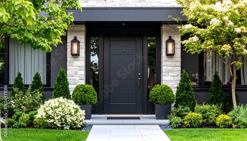 Modern facade with architectural black door and manicured landscaping showcasing curb appeal