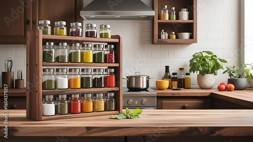 Wallpaper Mural Spice rack with glass jars on a wooden kitchen counter Torontodigital.ca
