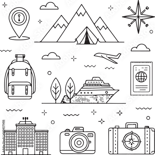 Travel and Tourism Line Icon Set – Airplane, Passport, Camera, Map, Suitcase, Cruise, Mountain, Compass – Vector Illustration