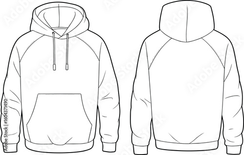 Blank hoodie vector template, front and back view, pullover sweatshirt mockup, fashion design sketch, apparel illustration for clothing brands