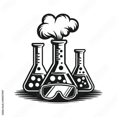 Laboratory glassware with smoke and goggles flasks beakers