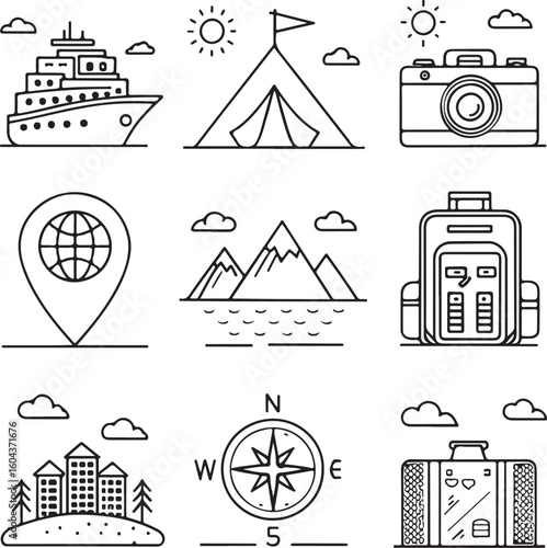 Travel and Tourism Line Icon Set – Airplane, Passport, Camera, Map, Suitcase, Cruise, Mountain, Compass – Vector Illustration