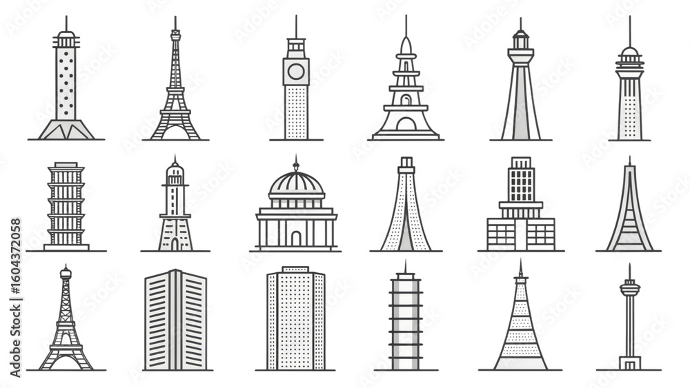Collection of different minimal tower line icons separated from each other with thin pole shapes blank background
Collection of different minimal tower line icons separated from each other with thin pole shapes blank background