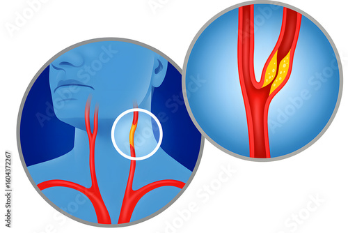 Medical Illustration of Carotid Artery Disease Showing Plaque Buildup and Vascular Health in Human Circulatory System