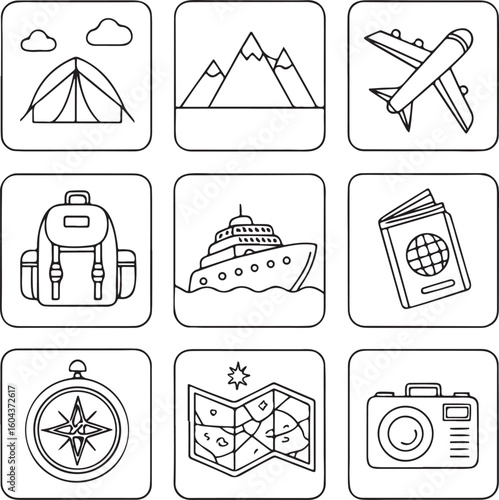Travel and Tourism Line Icon Set – Airplane, Passport, Camera, Map, Suitcase, Cruise, Mountain, Compass – Vector Illustration