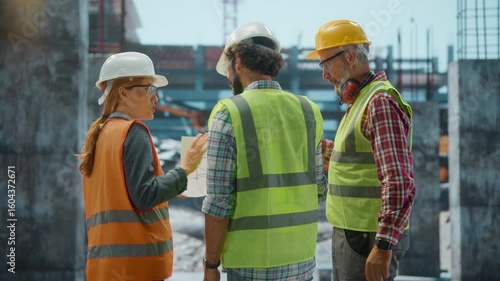 Engineers discussing blueprint on construction site